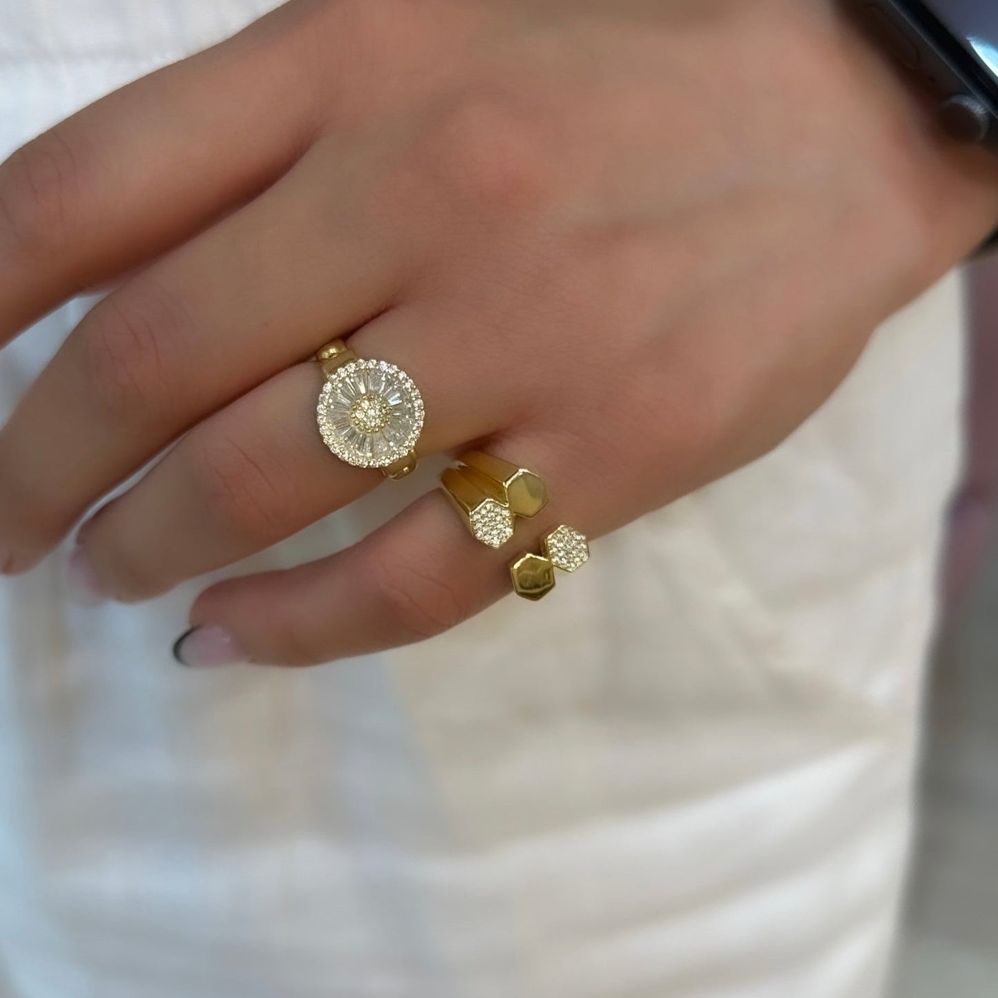 Stone Quadruple Hexagon Ring