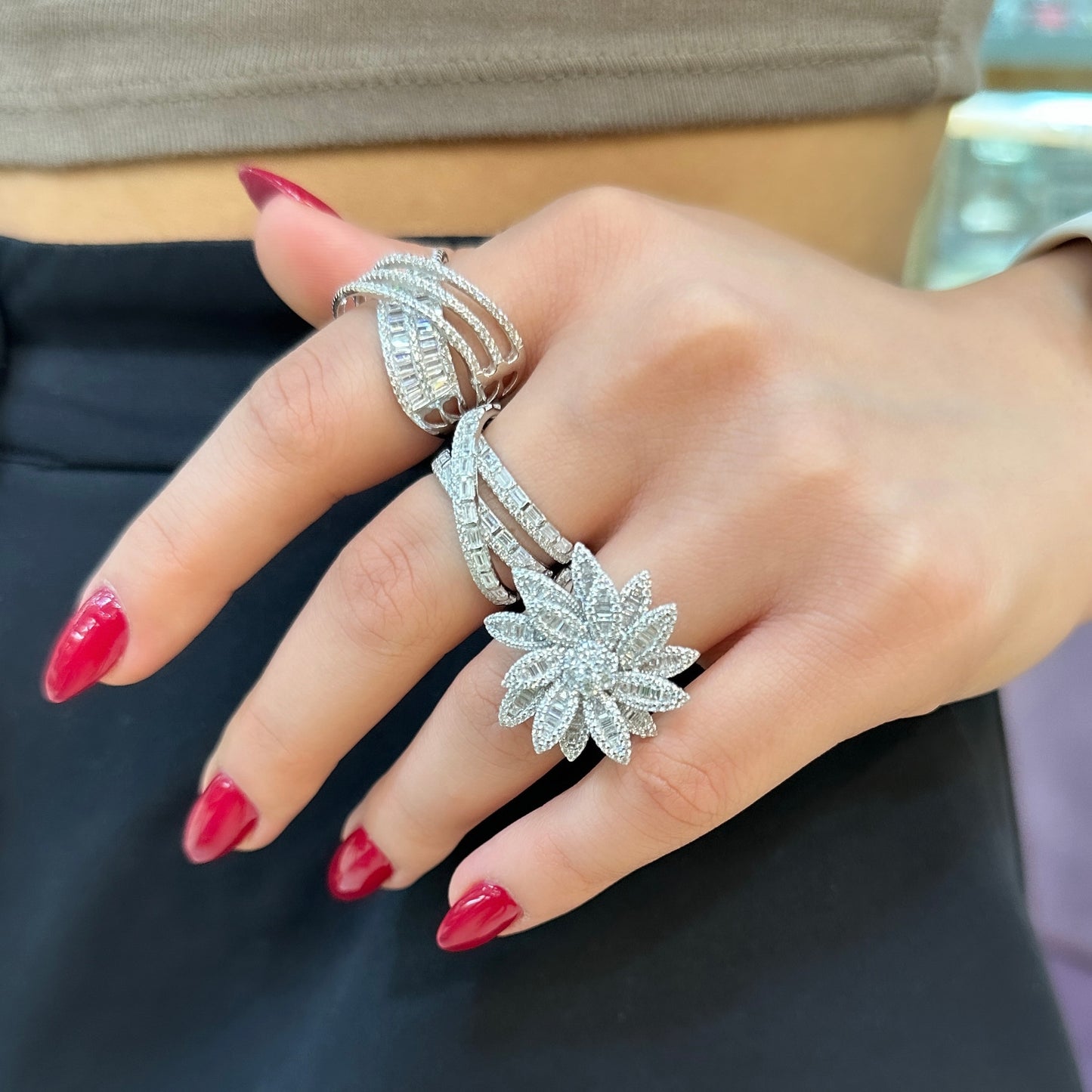 Baguette Stone Flower Design Ring
