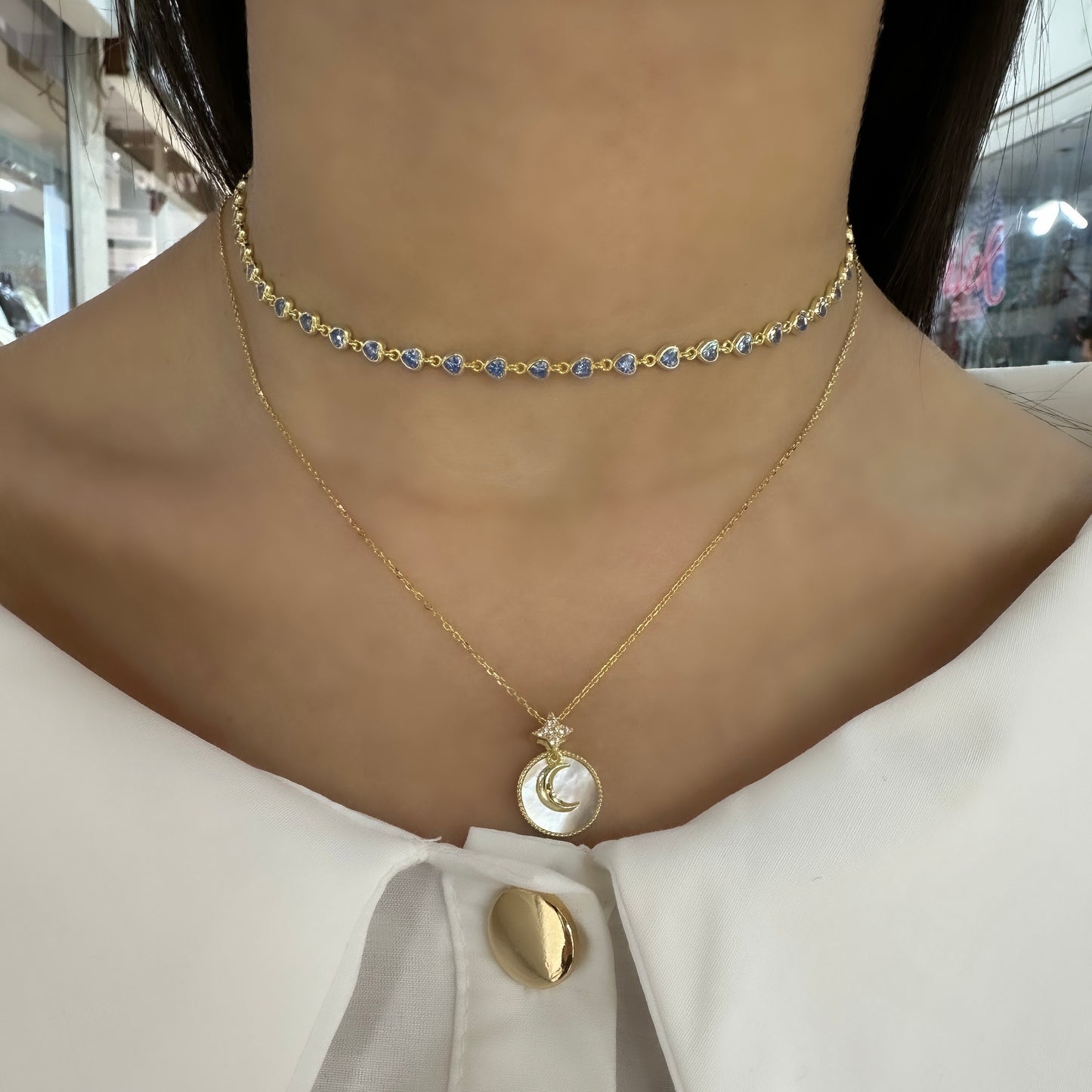 Mavi Taşlı Kalp Chocker Kolye