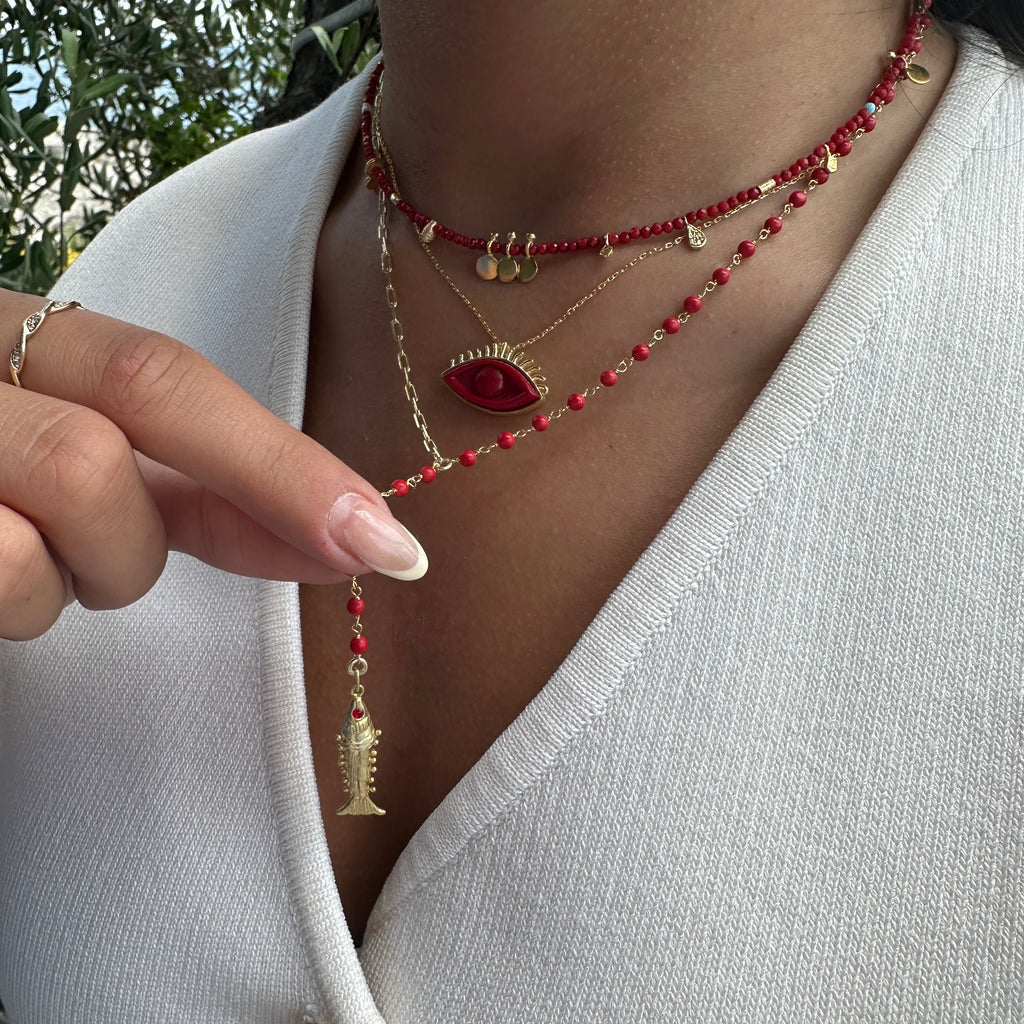 Mercan Taşlı Balık Detay Y Kolye