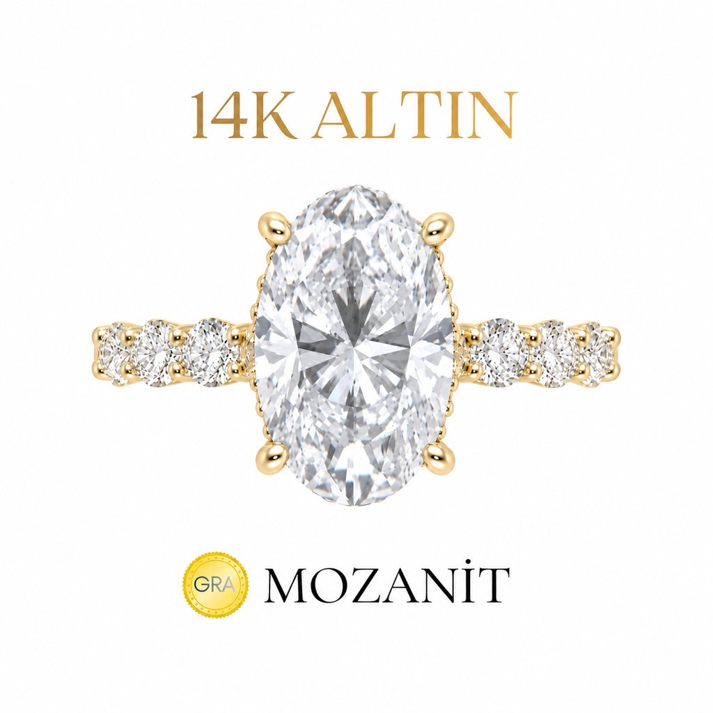 14K Altı Karat Taçlı Mozanit Uzun Oval Tektaş Yüzük