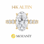 14K Altı Karat Taçlı Mozanit Uzun Oval Tektaş Yüzük