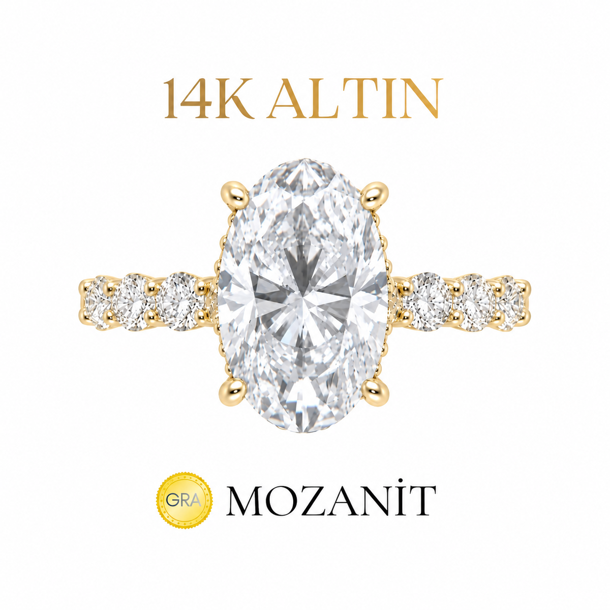 14K Altı Karat Taçlı Mozanit Uzun Oval Tektaş Yüzük