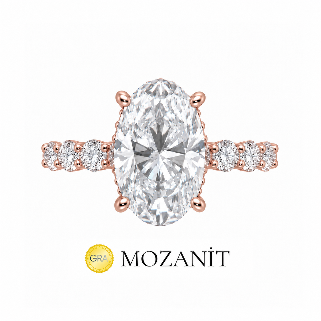 Altı Karat Taçlı Mozanit Uzun Oval Tektaş Yüzük