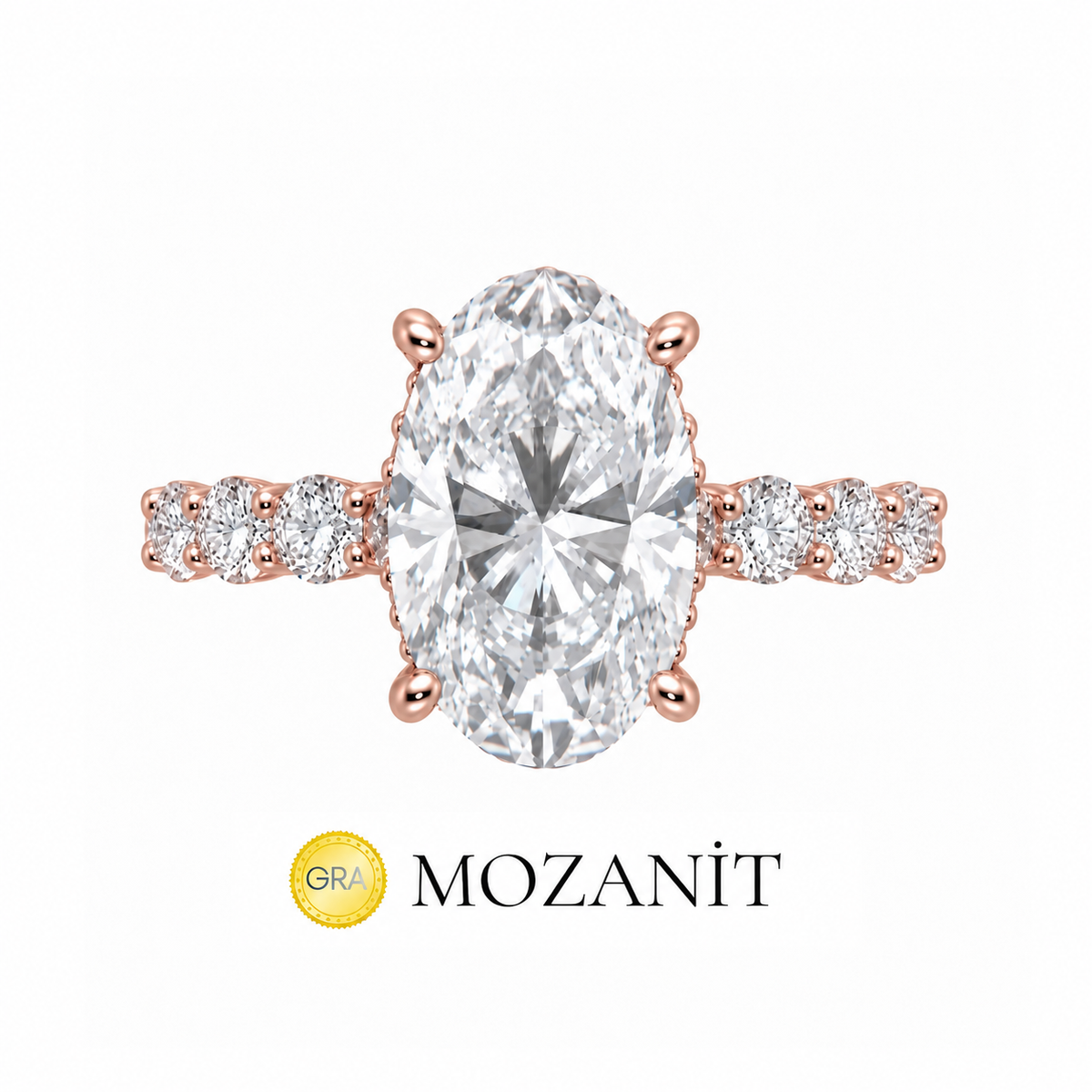 Altı Karat Taçlı Mozanit Uzun Oval Tektaş Yüzük