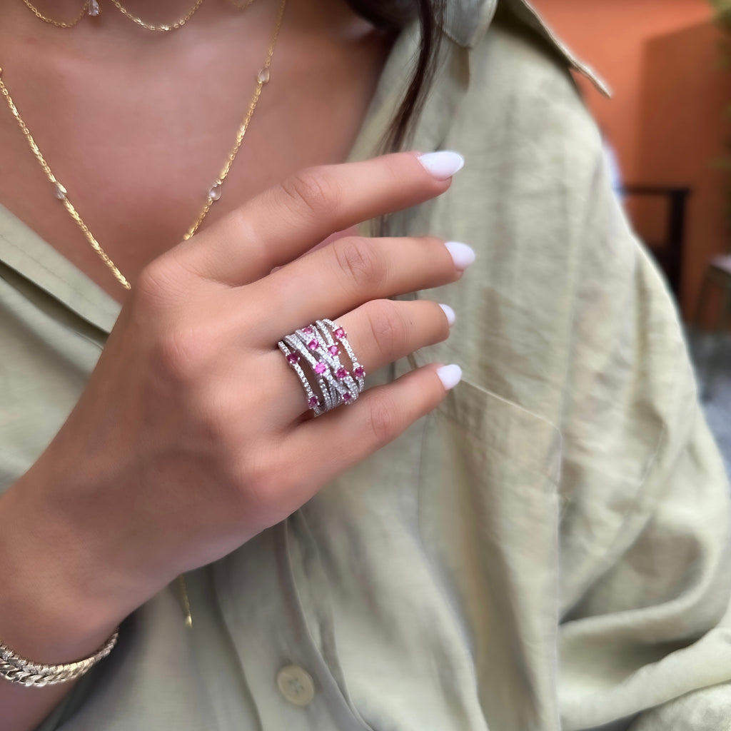 Fuchsia Stone Criss-Cross Ring with Tiny Stone Details