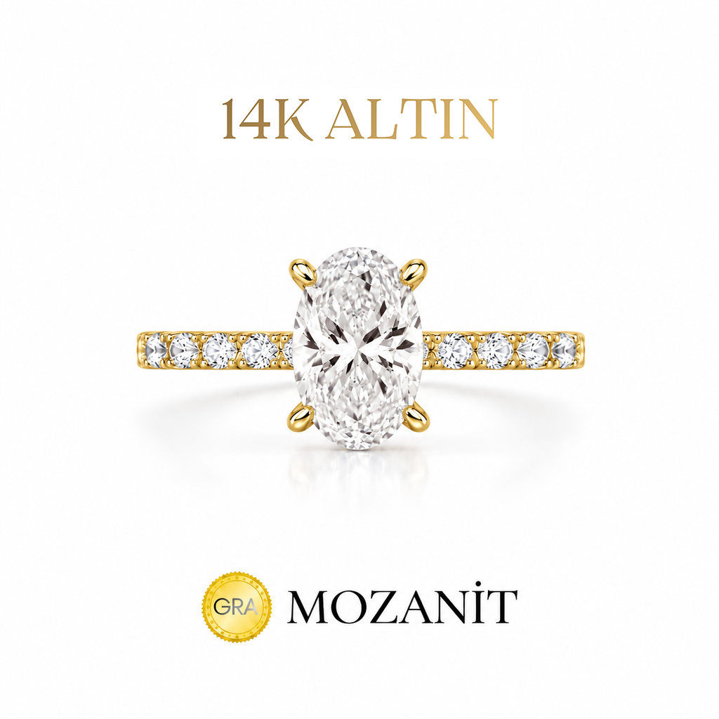 14K Bir Buçuk Karat Mozanit Uzun Oval Tektaş Yüzük