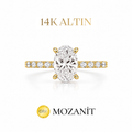 14K Bir Buçuk Karat Mozanit Uzun Oval Tektaş Yüzük