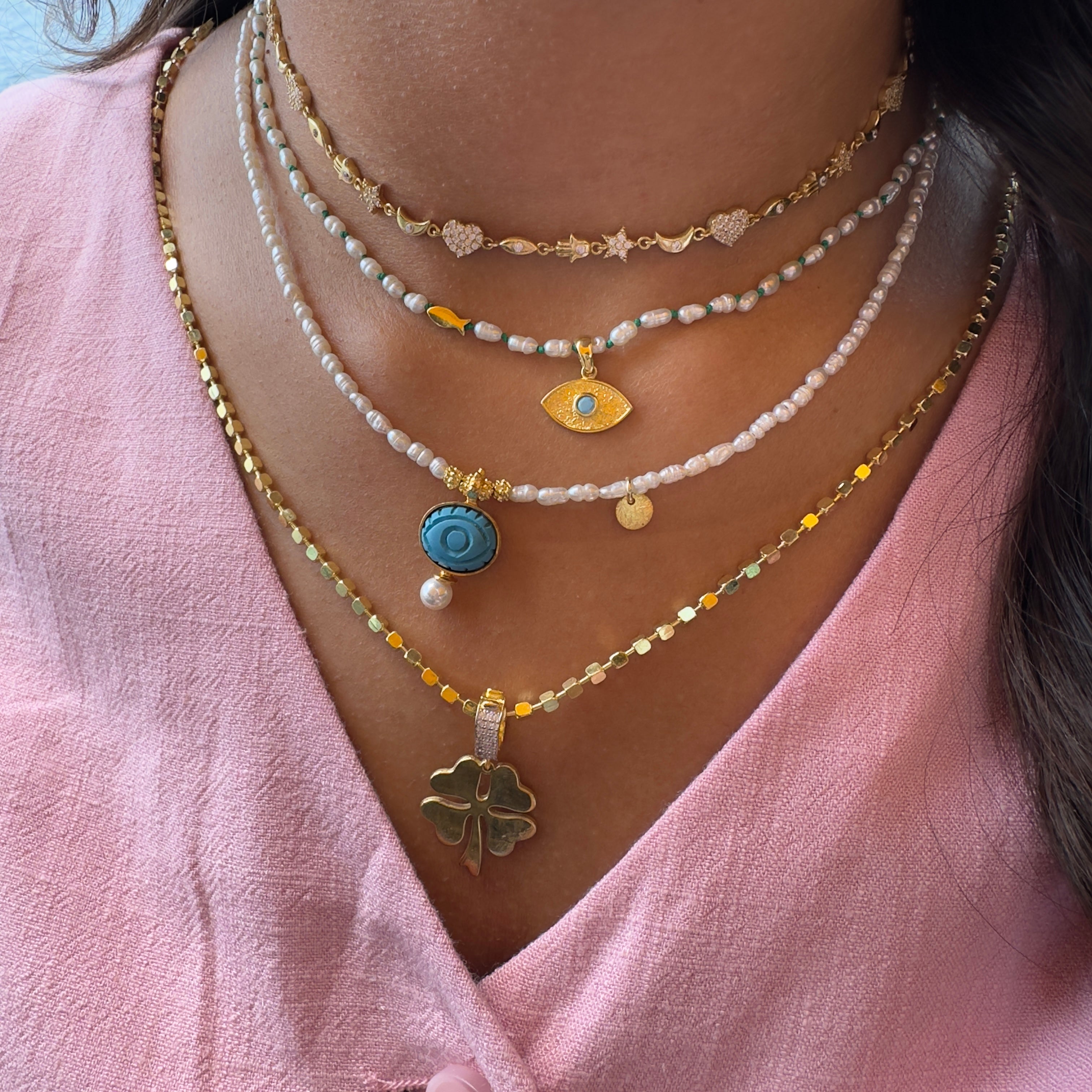 İnci Turkuaz Taş Detaylı Kolye