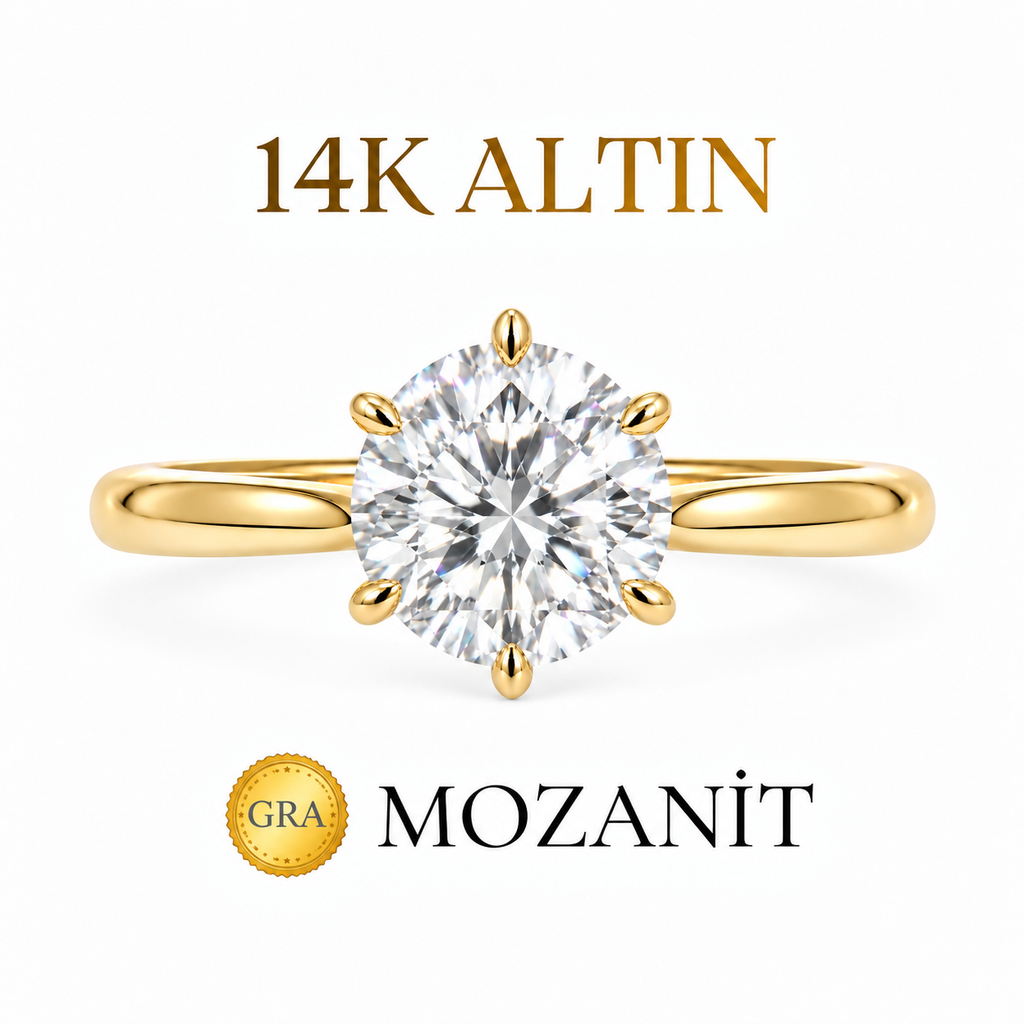 14K 4 Karat Mozanit 6 Tırnak Tektaş Yüzük