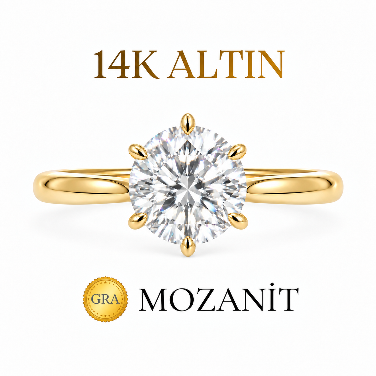 14K 4 Karat Mozanit 6 Tırnak Tektaş Yüzük