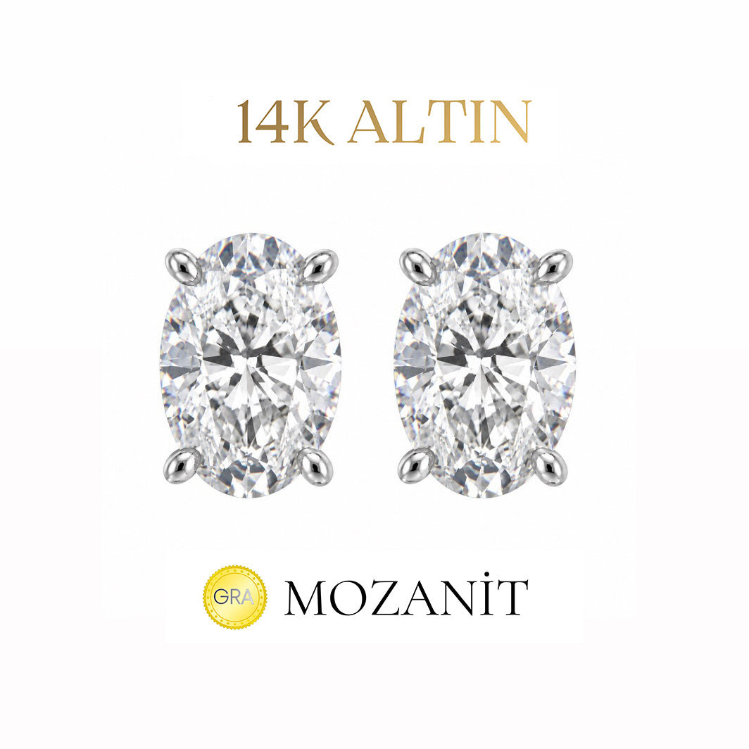 14K İki Karat Mozanit Oval Küpe