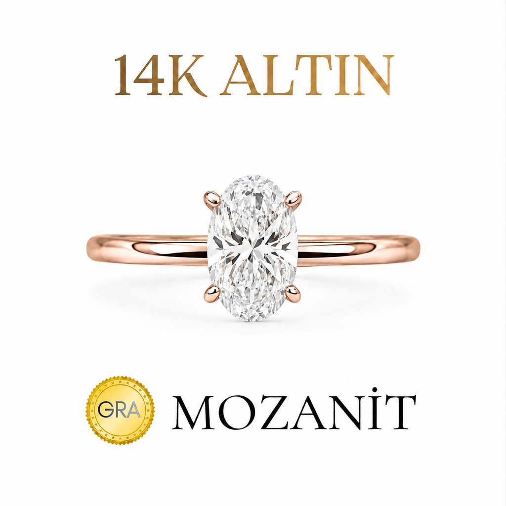 14K Bir Buçuk Karat Mozanit Oval Yüzük