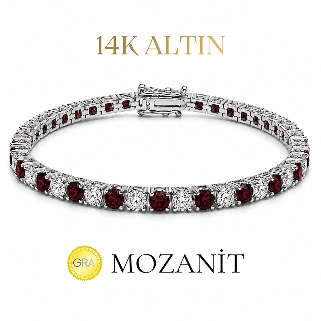 14K Üç mm Bordo Taşlı Mozanit Suyolu Bileklik