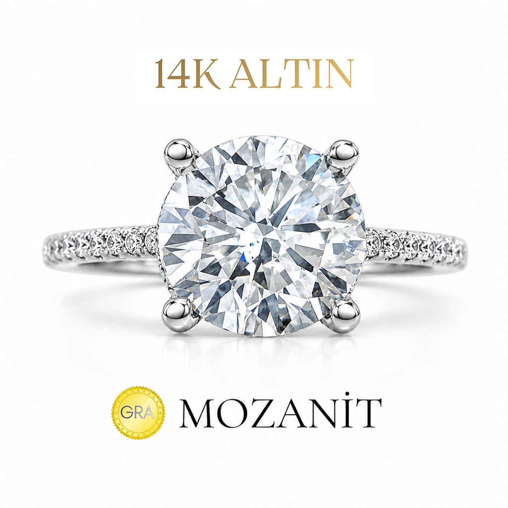 14K İki Karat Mozanit Kolu Taşlı Tektaş Yüzük