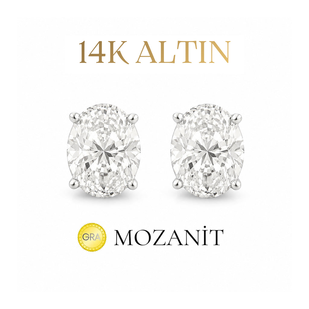 14K İki Karat Mozanit Oval Küpe
