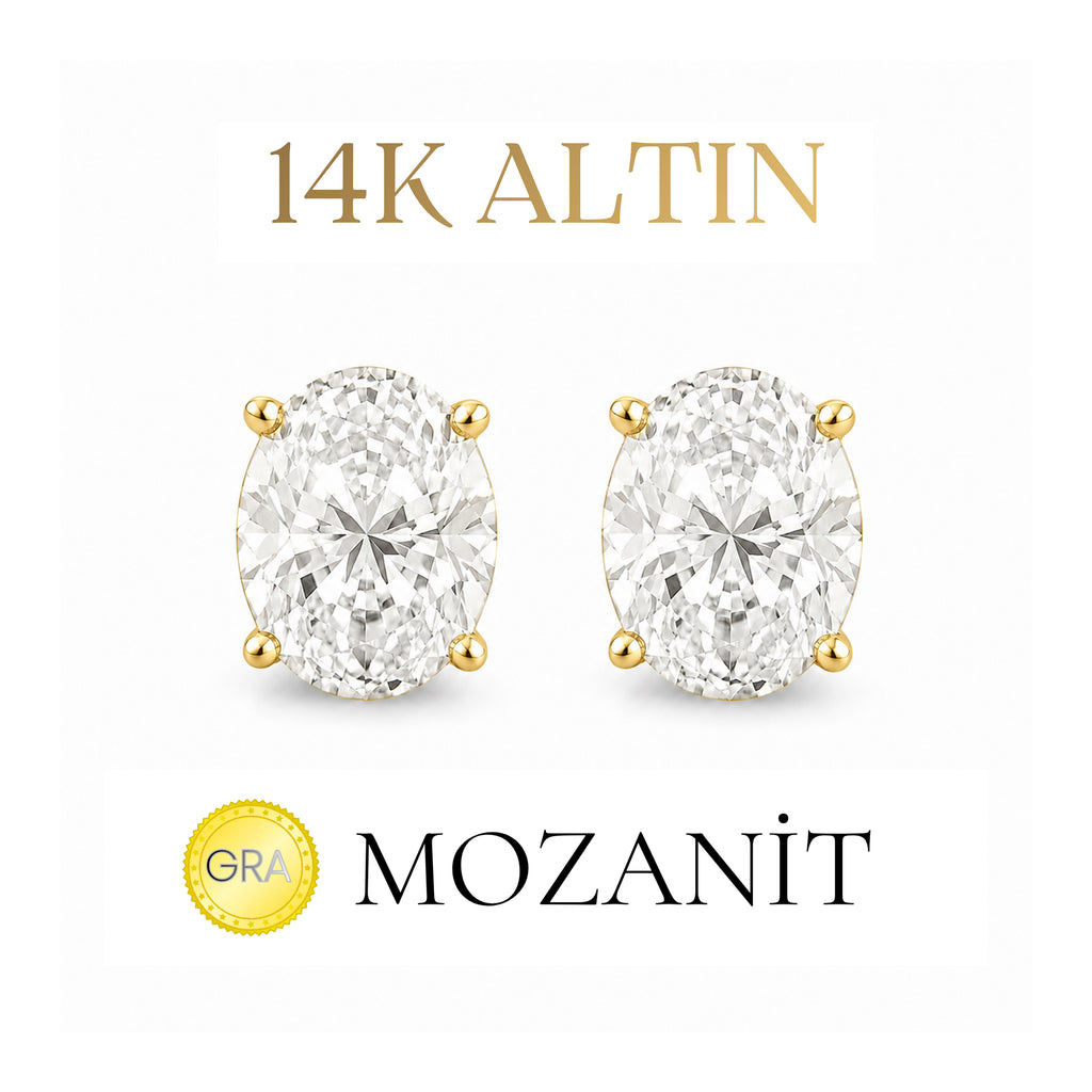14K İki Karat Mozanit Oval Küpe