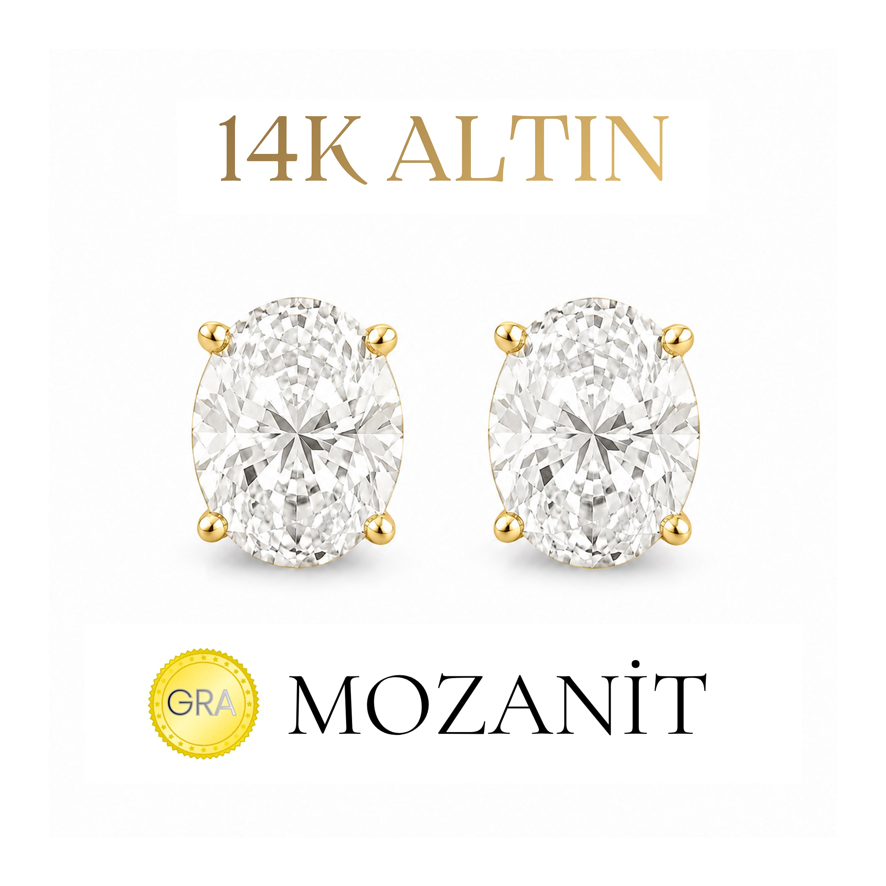 14K İki Karat Mozanit Oval Küpe