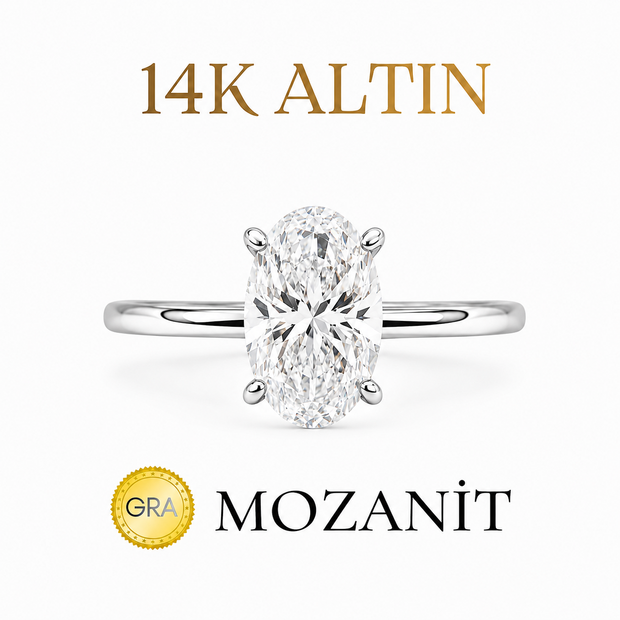 14K İki Karat Mozanit Oval Yüzük
