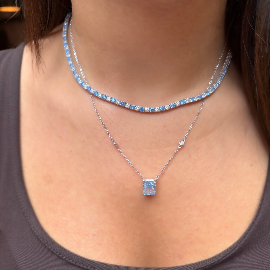 Blue Ice Cut Square Cut Stone Necklace
