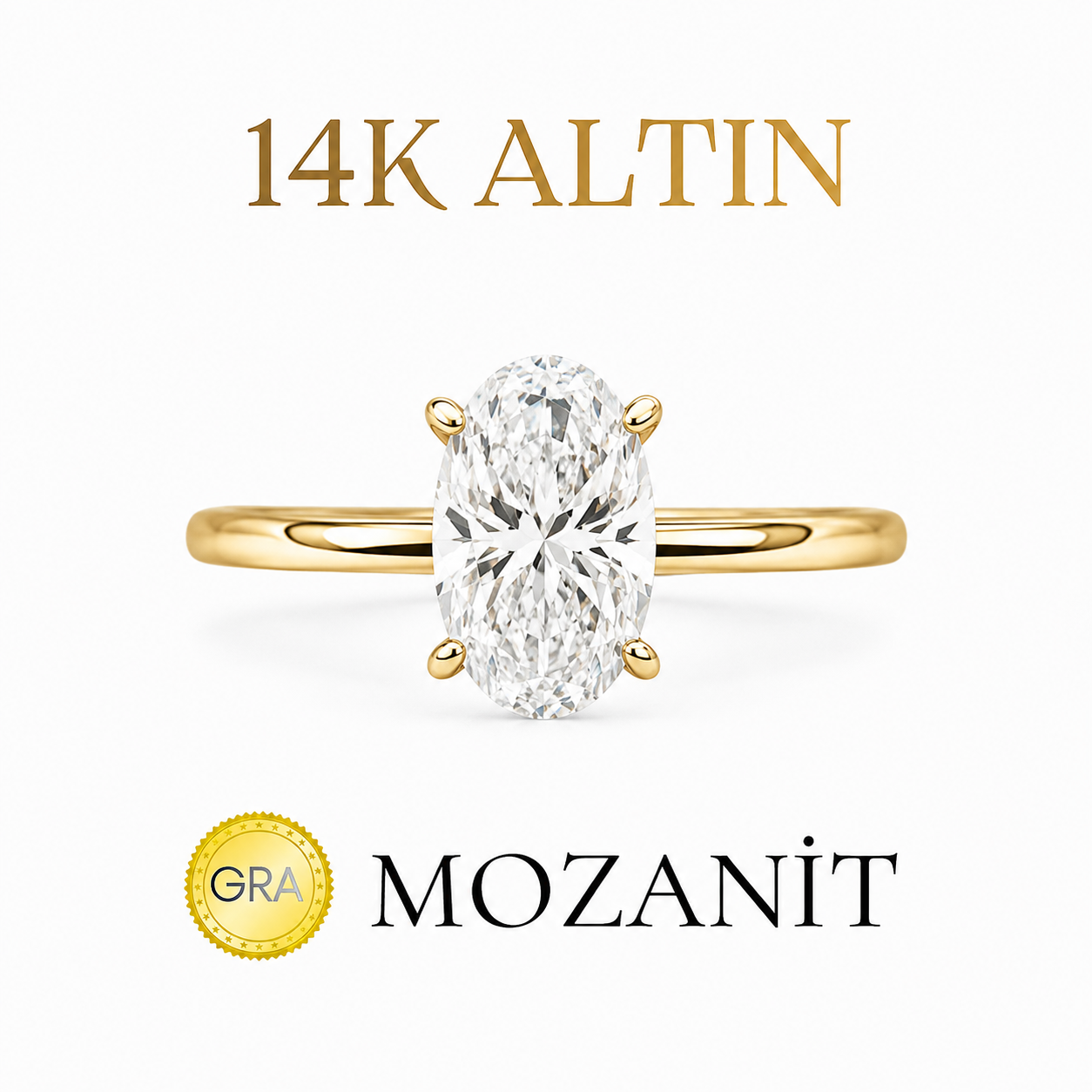 14K İki Karat Mozanit Oval Yüzük