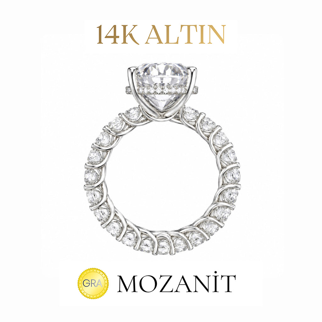 14K Altı Karat Taşlı Mozanit Uzun Oval Tamtur Yüzük