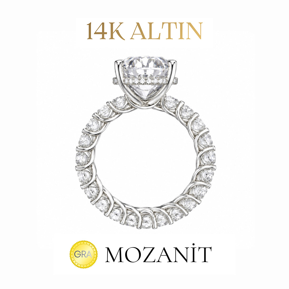 14K Altı Karat Taşlı Mozanit Uzun Oval Tamtur Yüzük