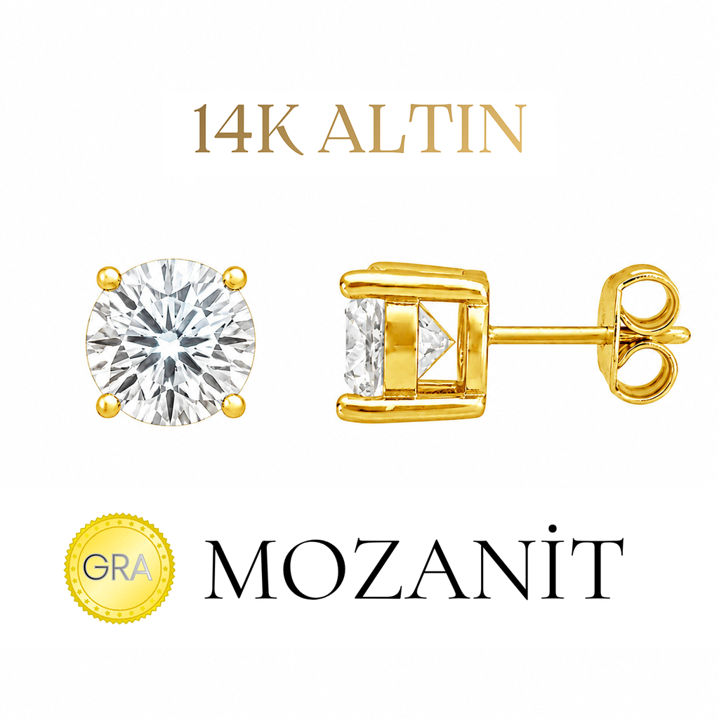 14K Mozanit 6 mm Tektaş Küpe