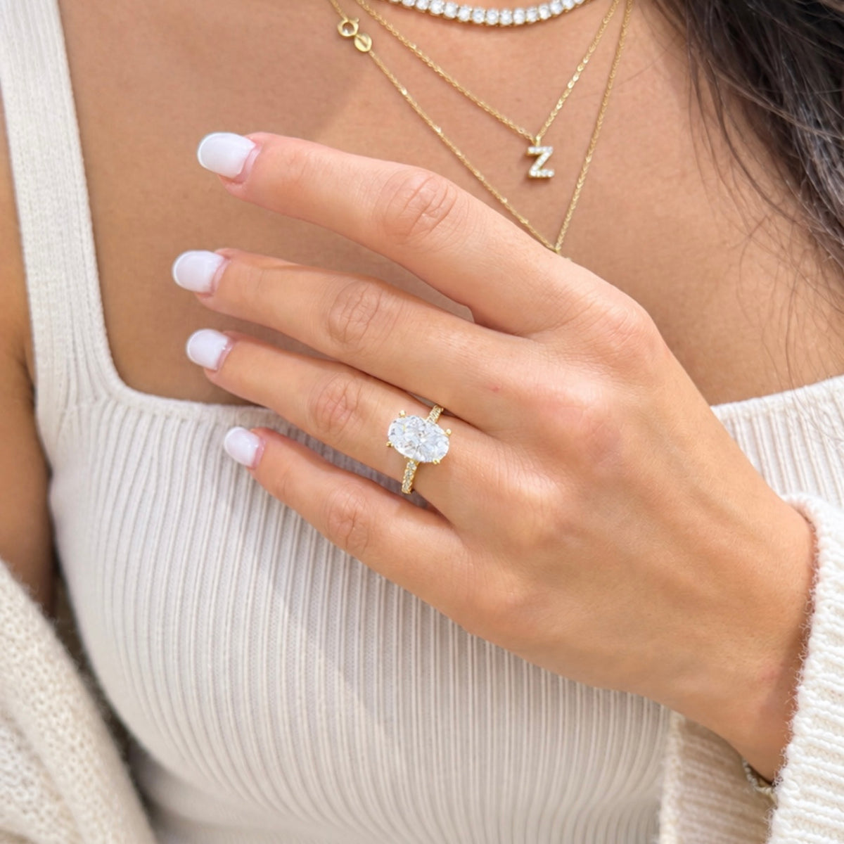 14K Üç Buçuk Karat Mozanit Uzun Oval Tektaş Yüzük