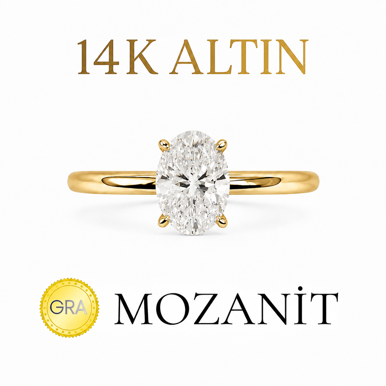14K Bir Karat Mozanit Oval Yüzük