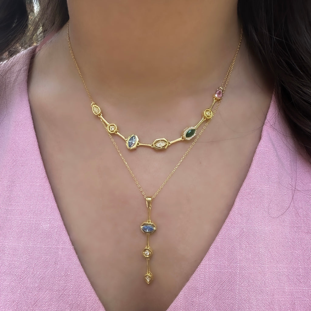 Mavi Taş Detaylı Y Kolye