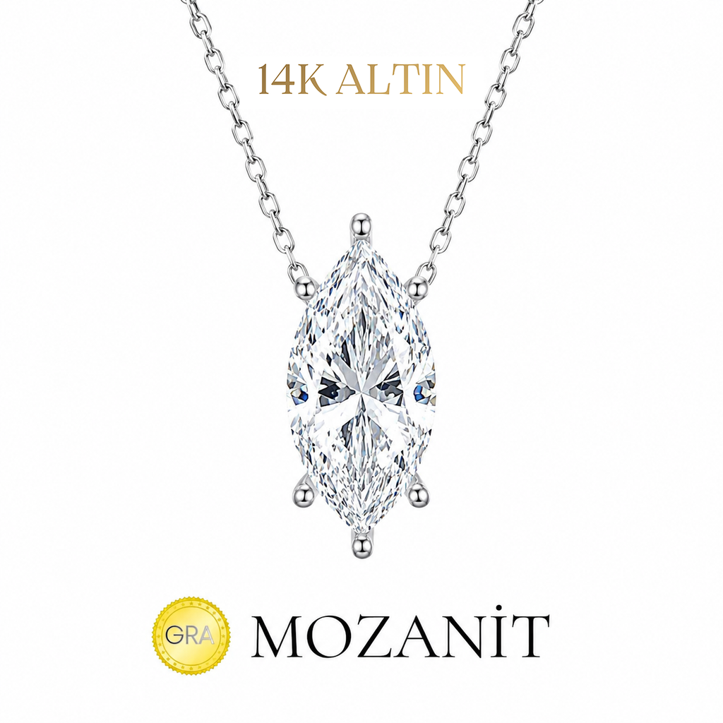 14K Taşlı Montür Mozanit Markiz Kolye