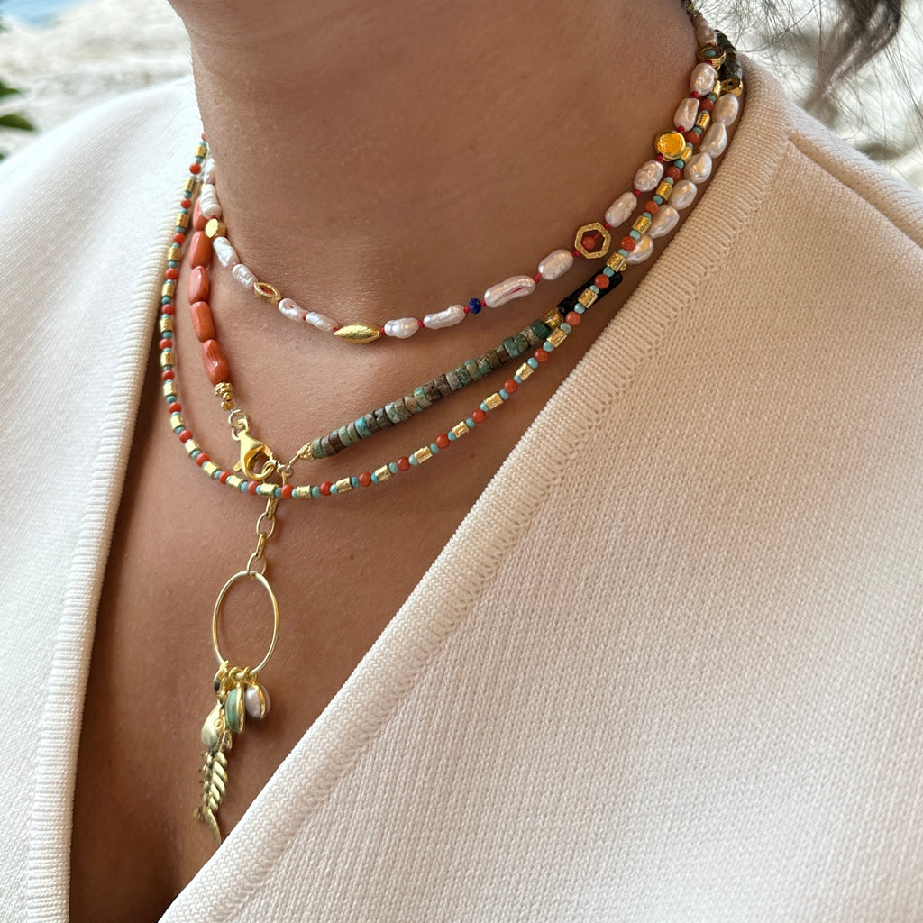 Doğal Taşlı Renkli İnci Kolye