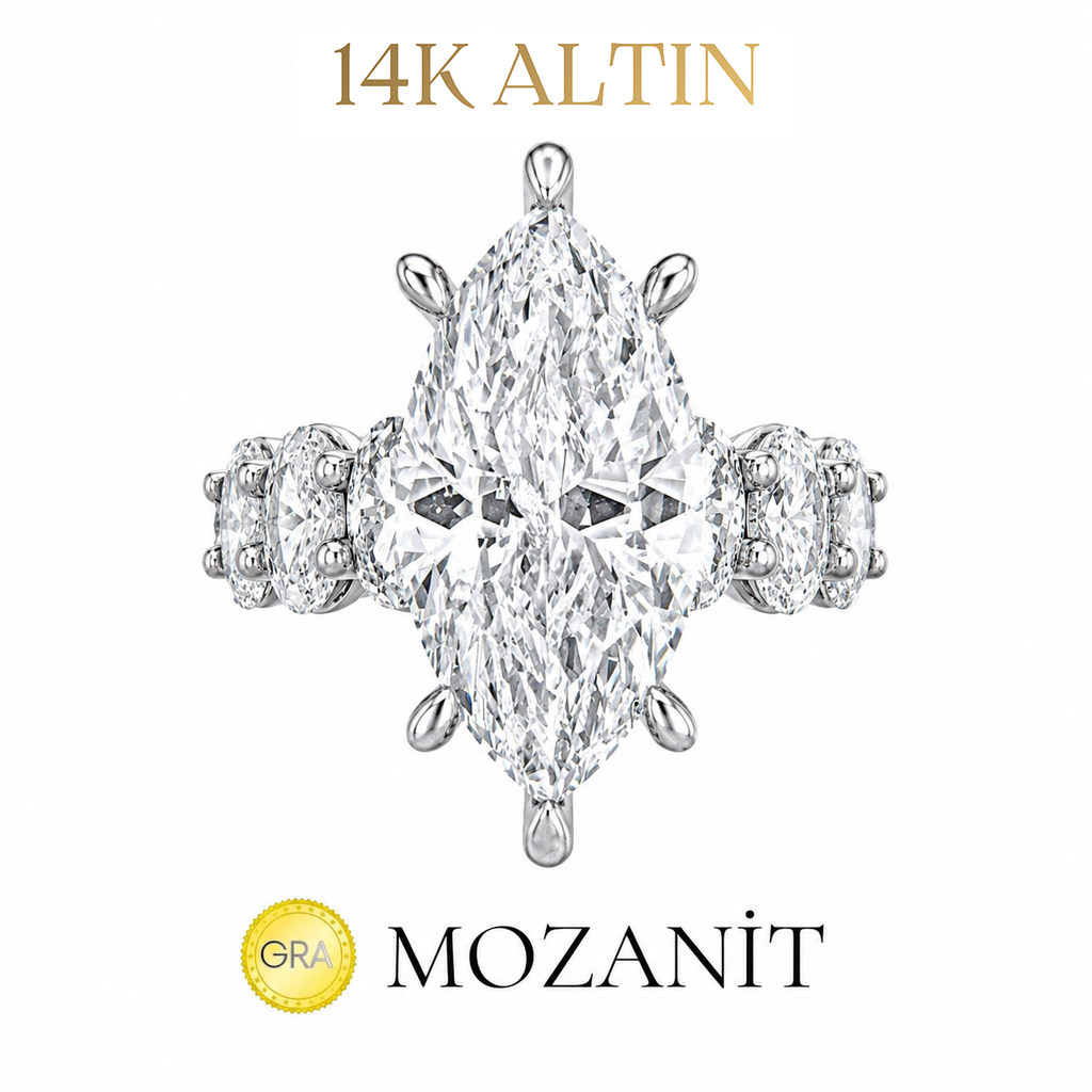 14K Kolu Oval Taşlı Markiz Mozanit Yüzük