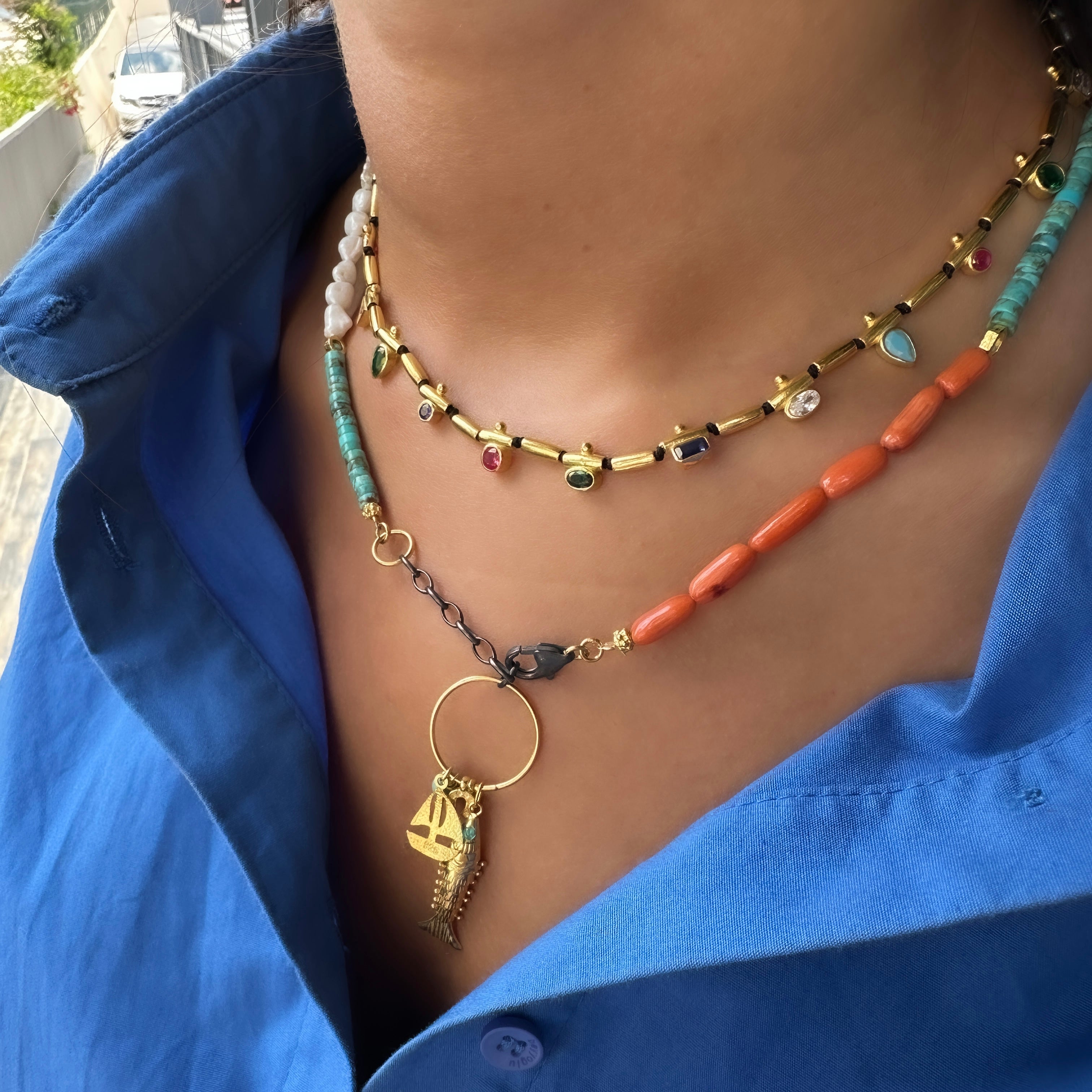 Renkli Taş İncili Balık Sallantılı Kolye