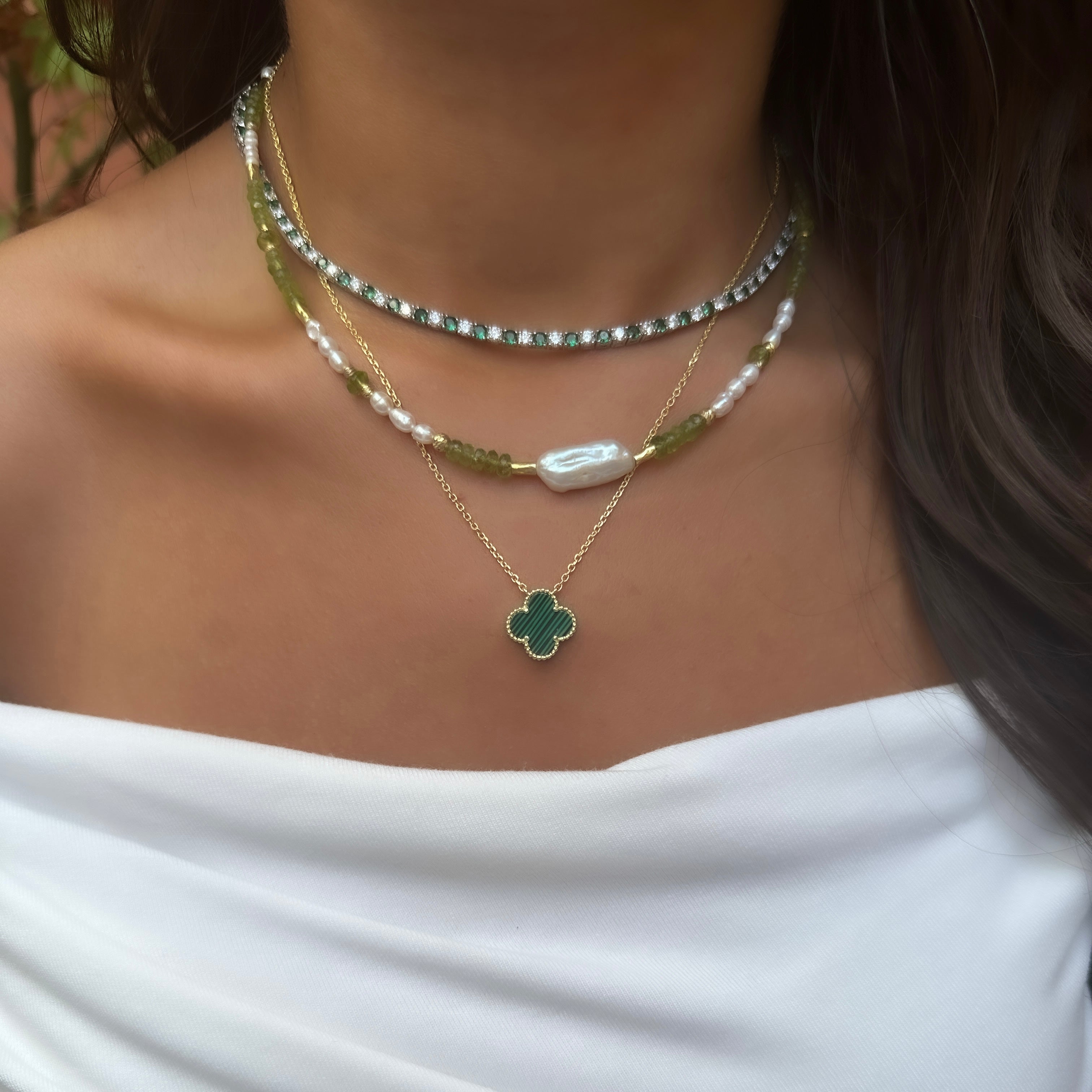 Peridot Taşlı İncili Doğal Taş Kolye