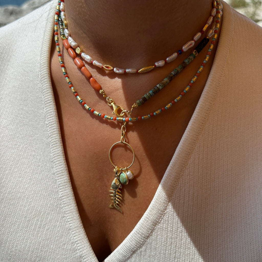 Turkuaz ve Mercan Taşlı Doğal Taş Kolye