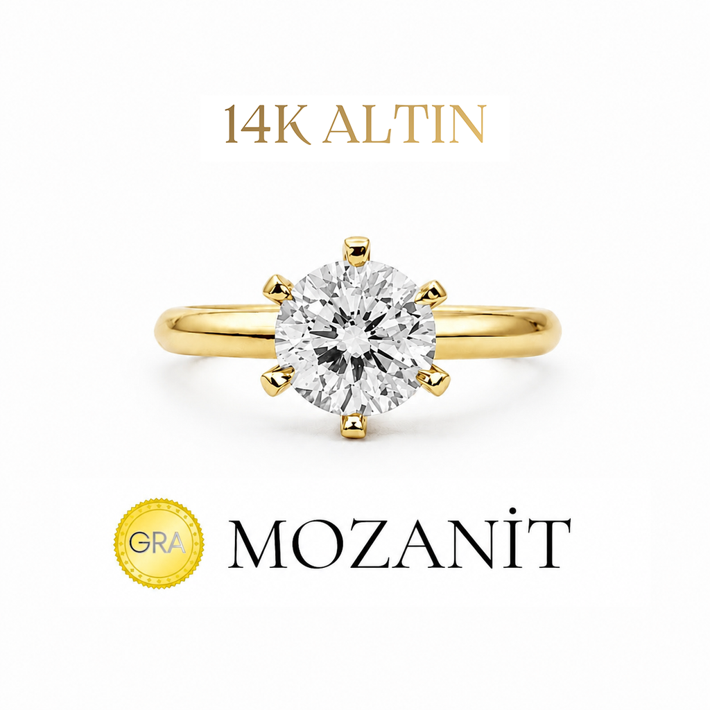 14K Bir Karat Altı Tırnak Mozanit Tektaş Yüzük
