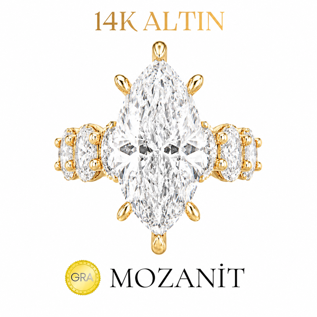 14K Kolu Oval Taşlı Markiz Mozanit Yüzük