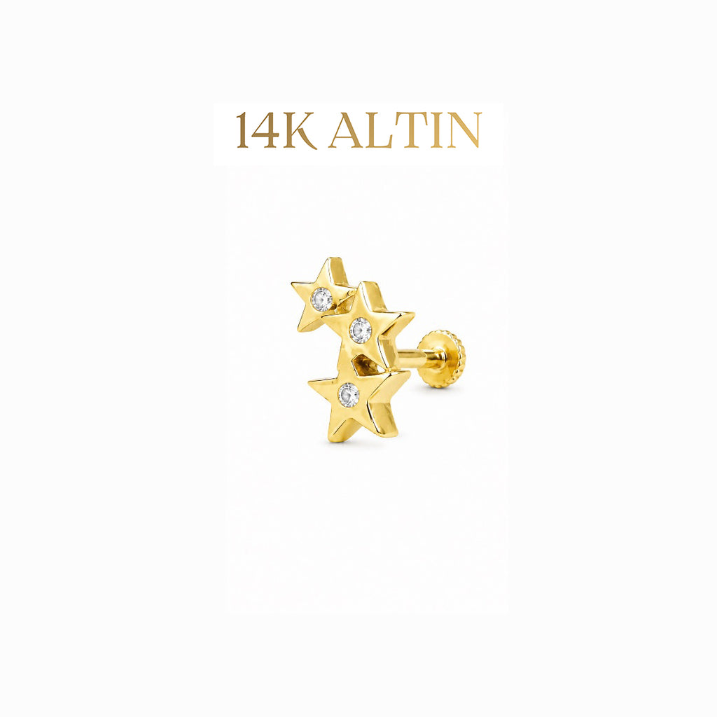 14K Üç Sıra Yıldız Taşlı Piercing