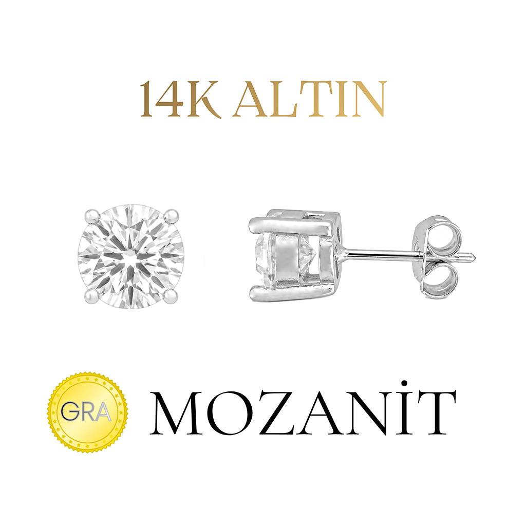 14K Mozanit 6 mm Tektaş Küpe