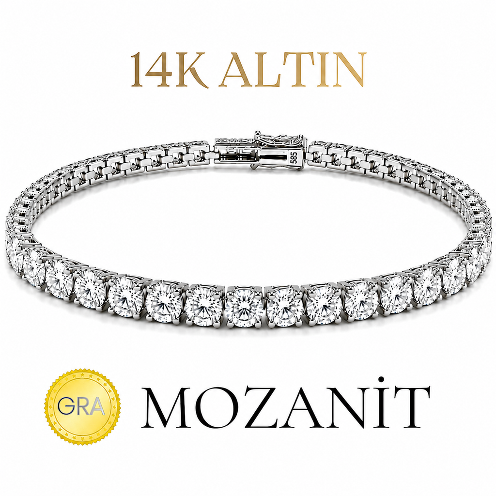 14K Beş mm Mozanit Suyolu Bileklik