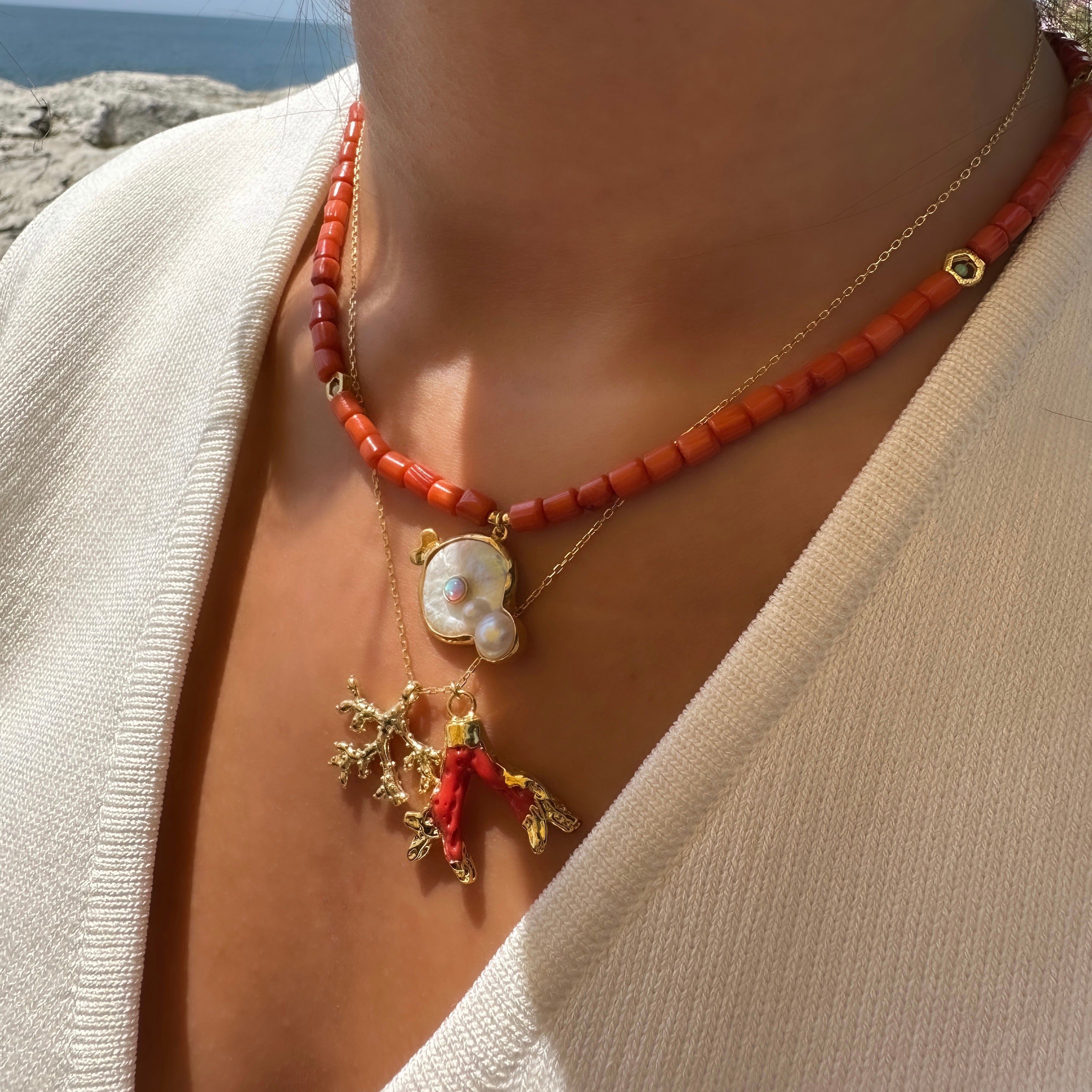 Sedefli Mercan Doğal Taş Kolye