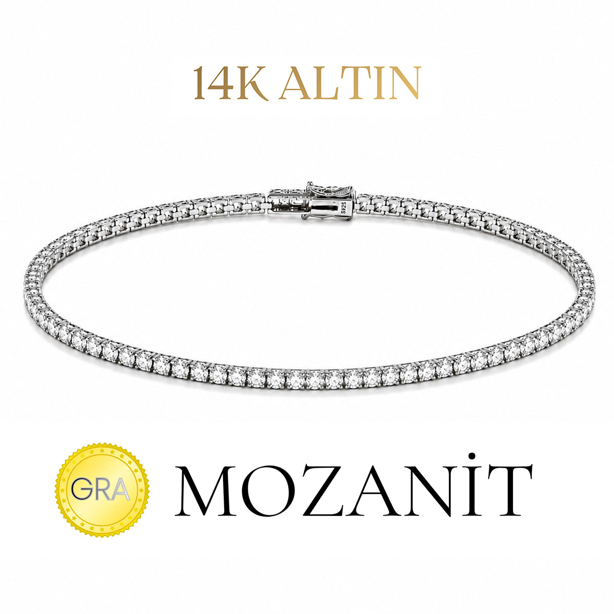 14K İki Buçuk mm Mozanit Suyolu Bileklik