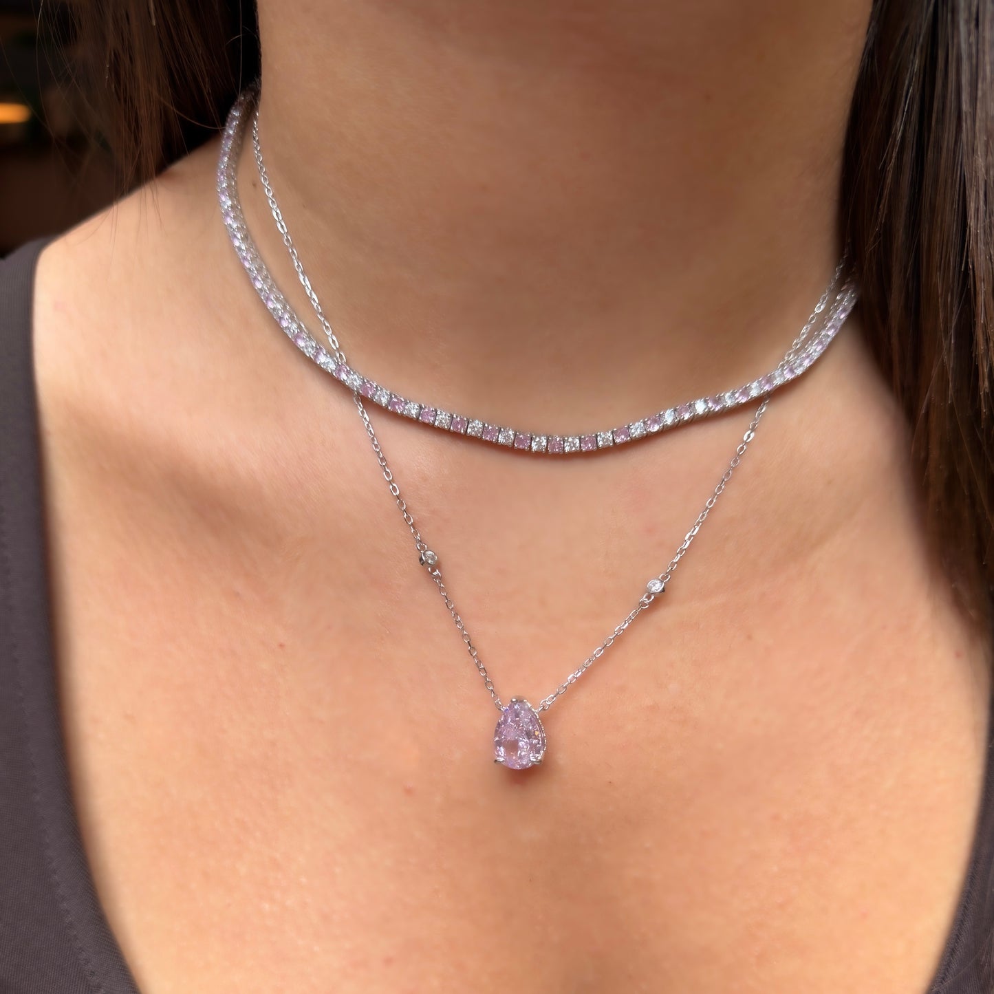 Pembe Ice Cut Taşlı Damla Kesim Kolye