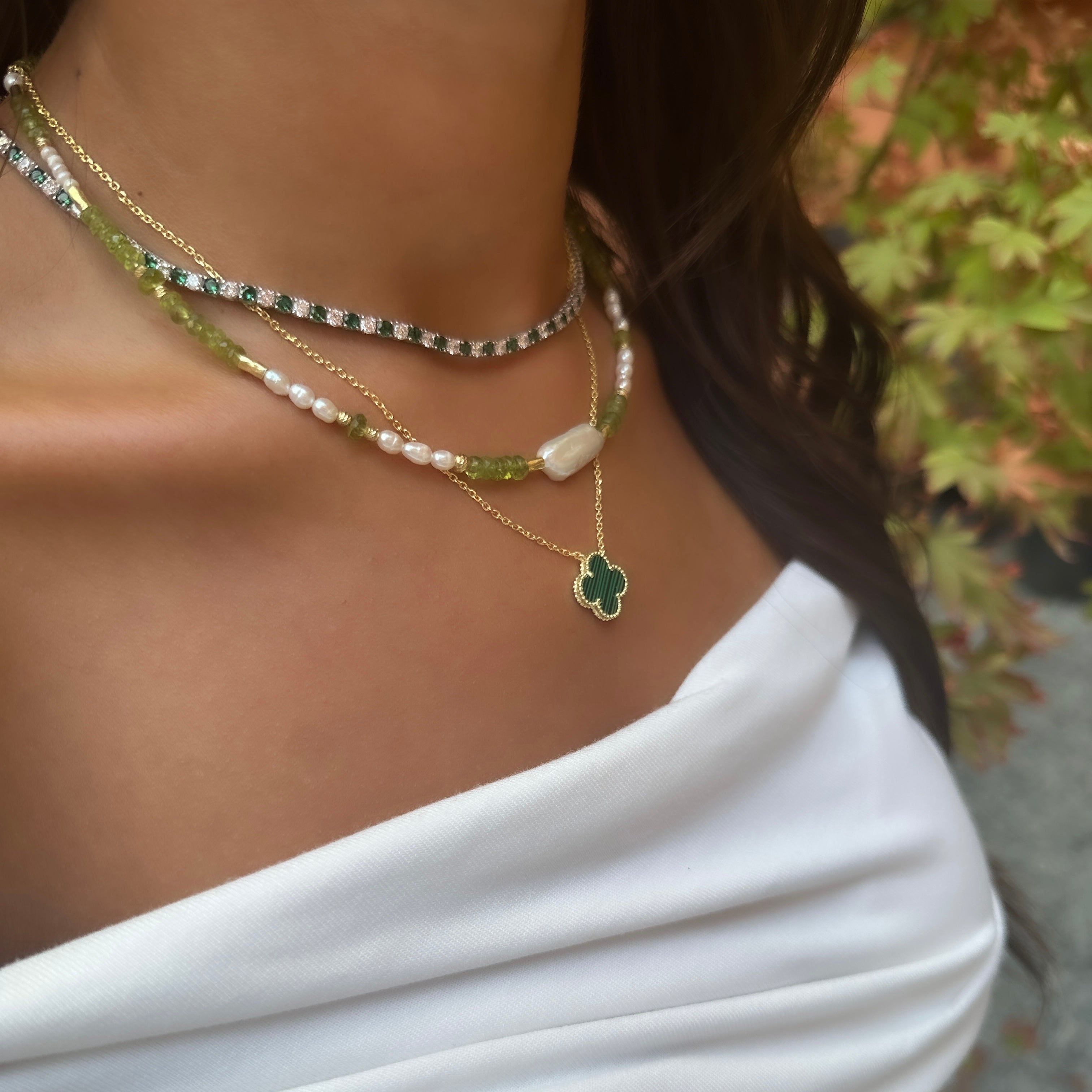 Peridot Taşlı İncili Doğal Taş Kolye