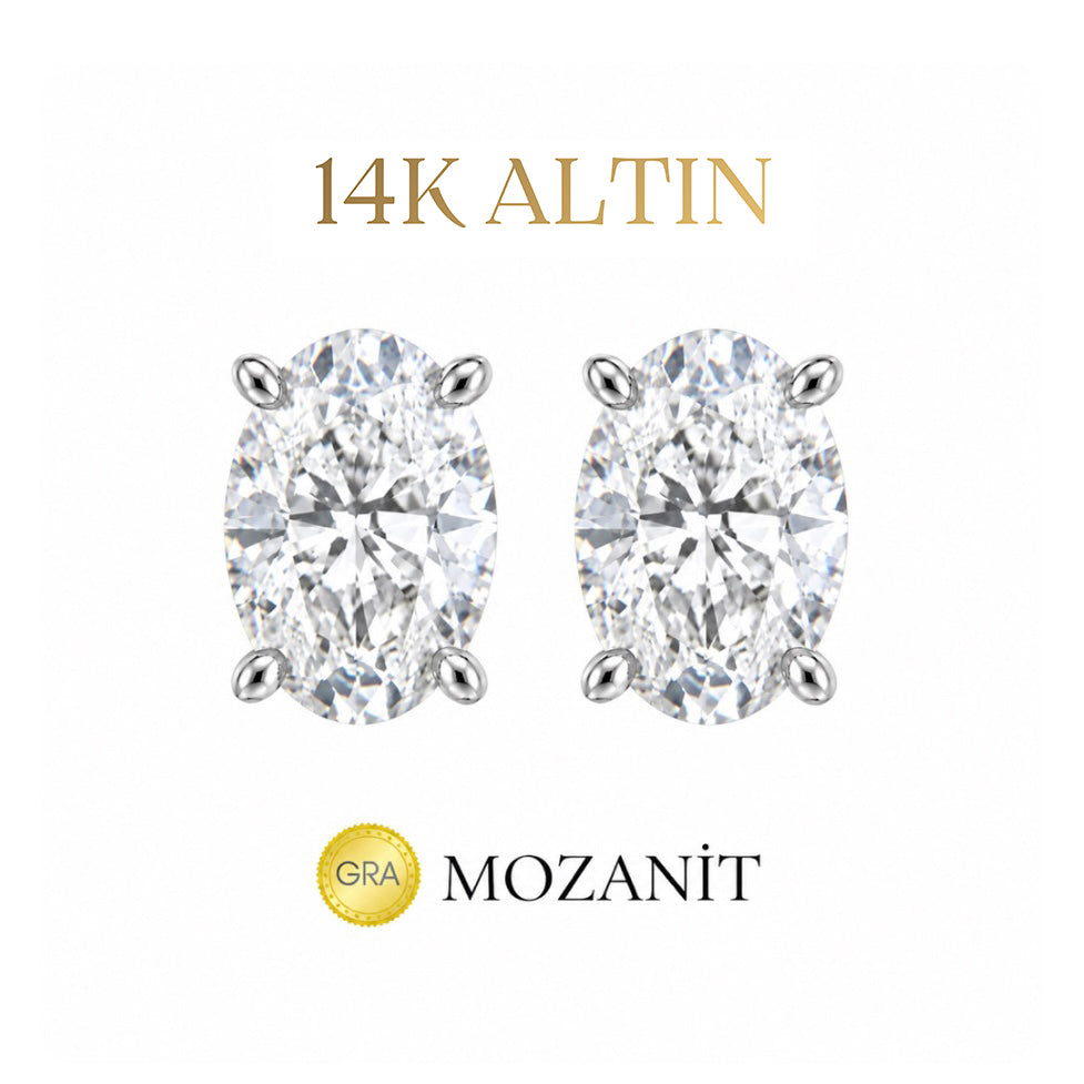 14K İki Karat Mozanit Oval Küpe
