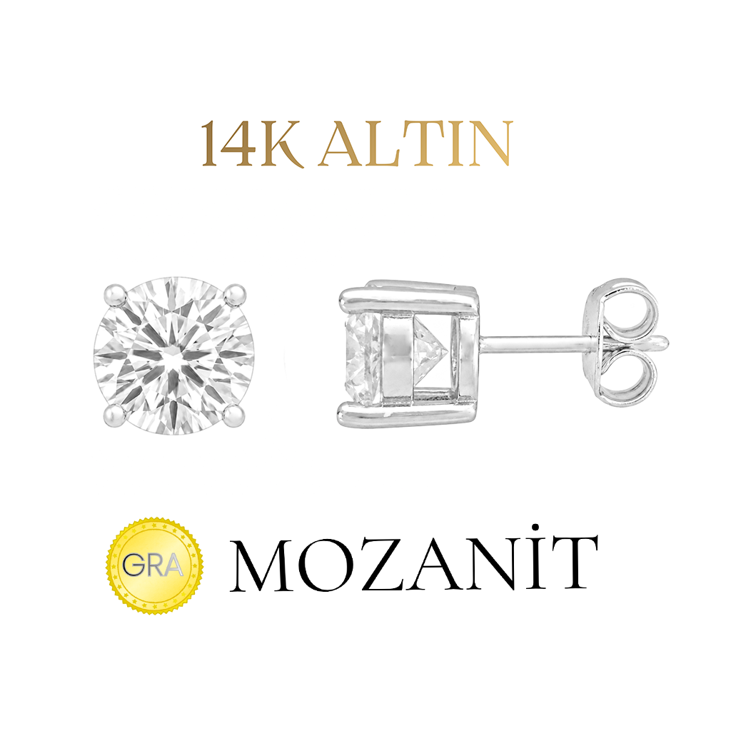 14K Mozanit 7 mm Tektaş Küpe