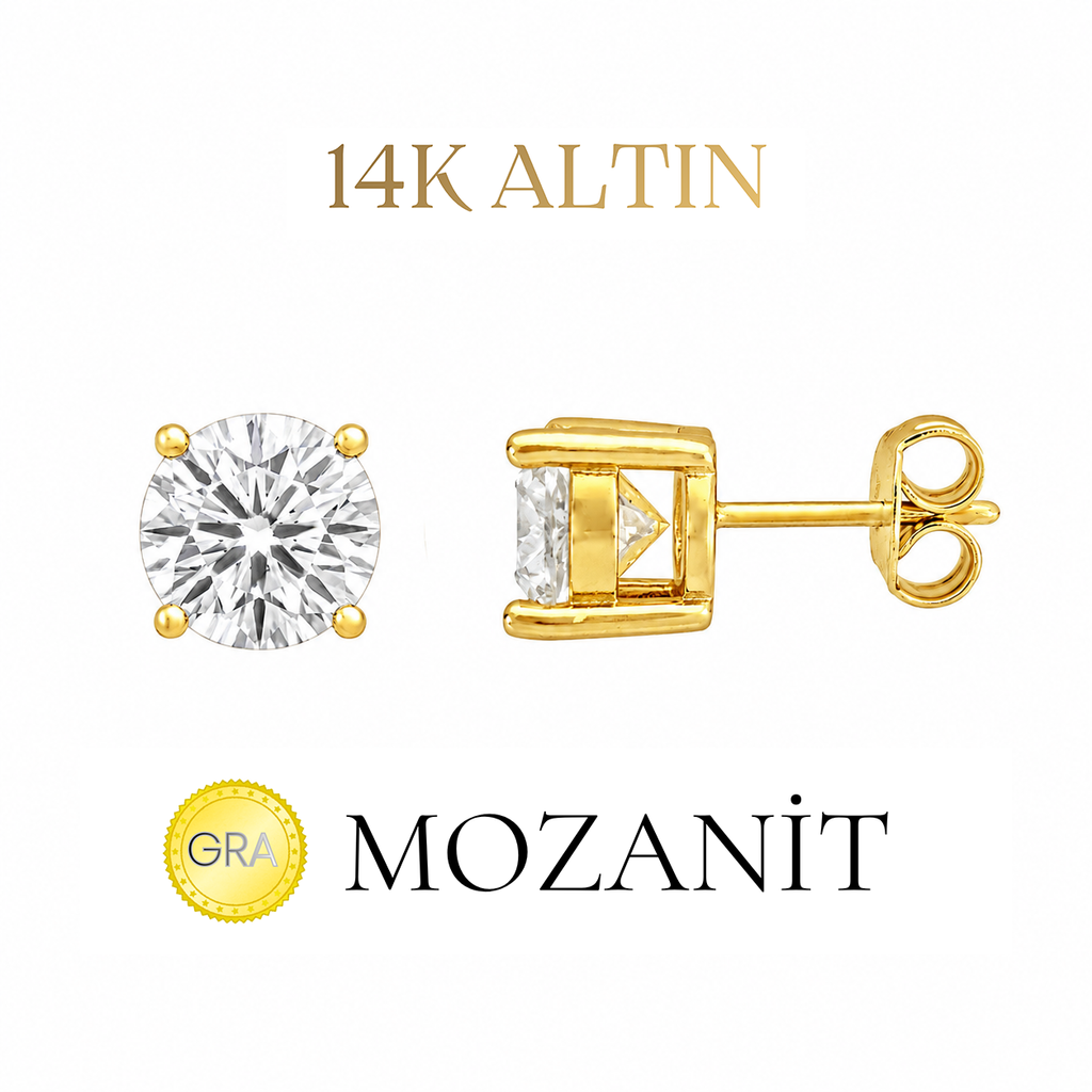 14K Mozanit 7 mm Tektaş Küpe