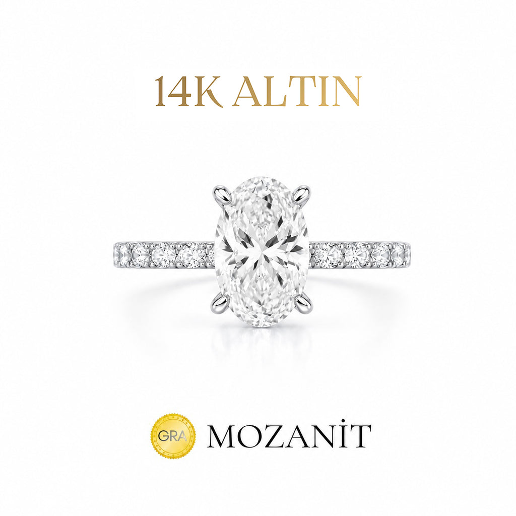 14K Bir Karat Mozanit Uzun Oval Tektaş Yüzük
